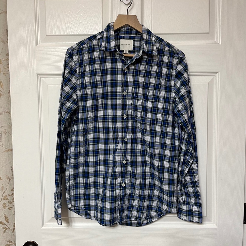 American‎ Eagle Outfitters Mens Plaid Button Down Long Sleeve Blue Green White S